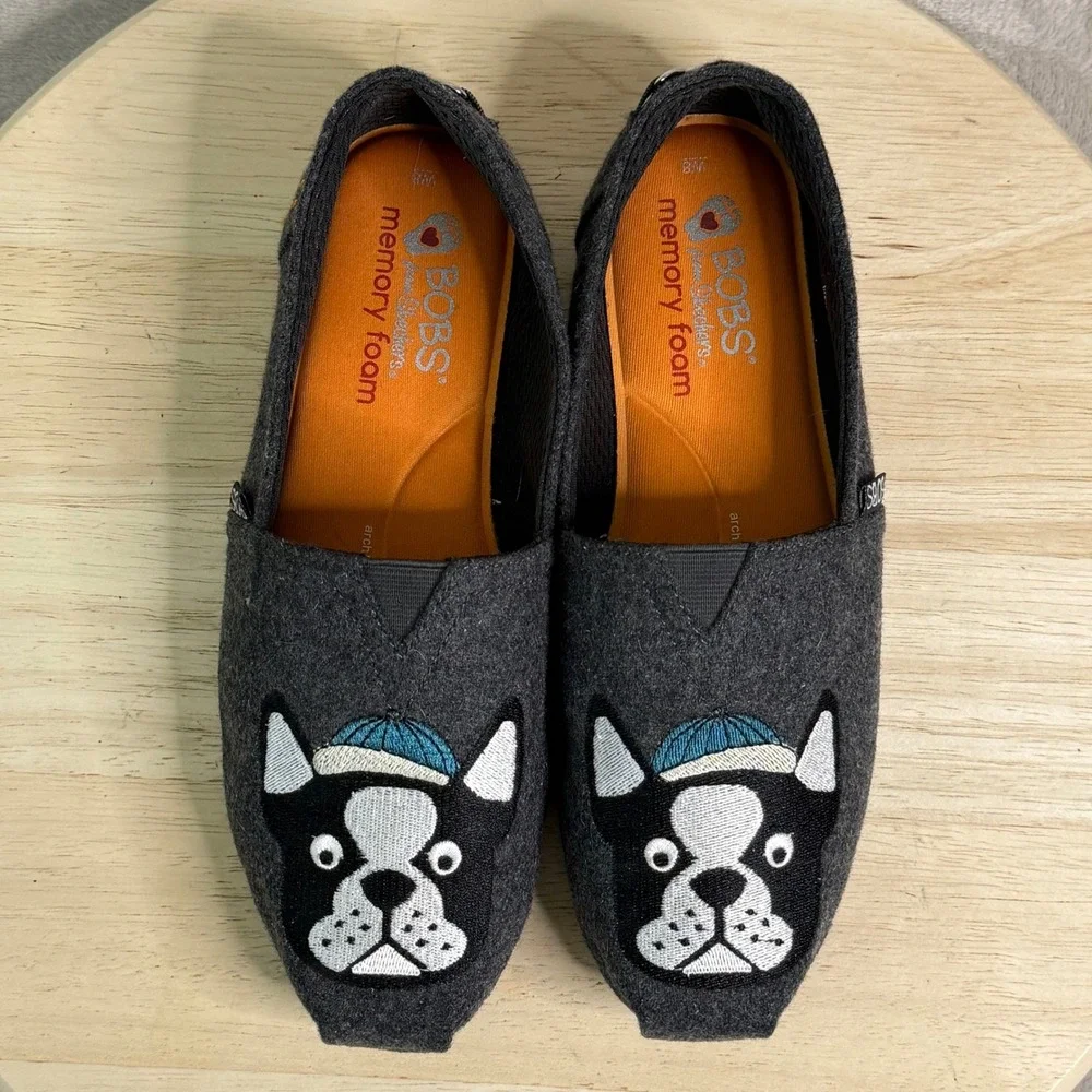 Skechers BOBS for Dogs Frenchie Boston Terrier Gray Felt Flats 34407 Womens‎ 8